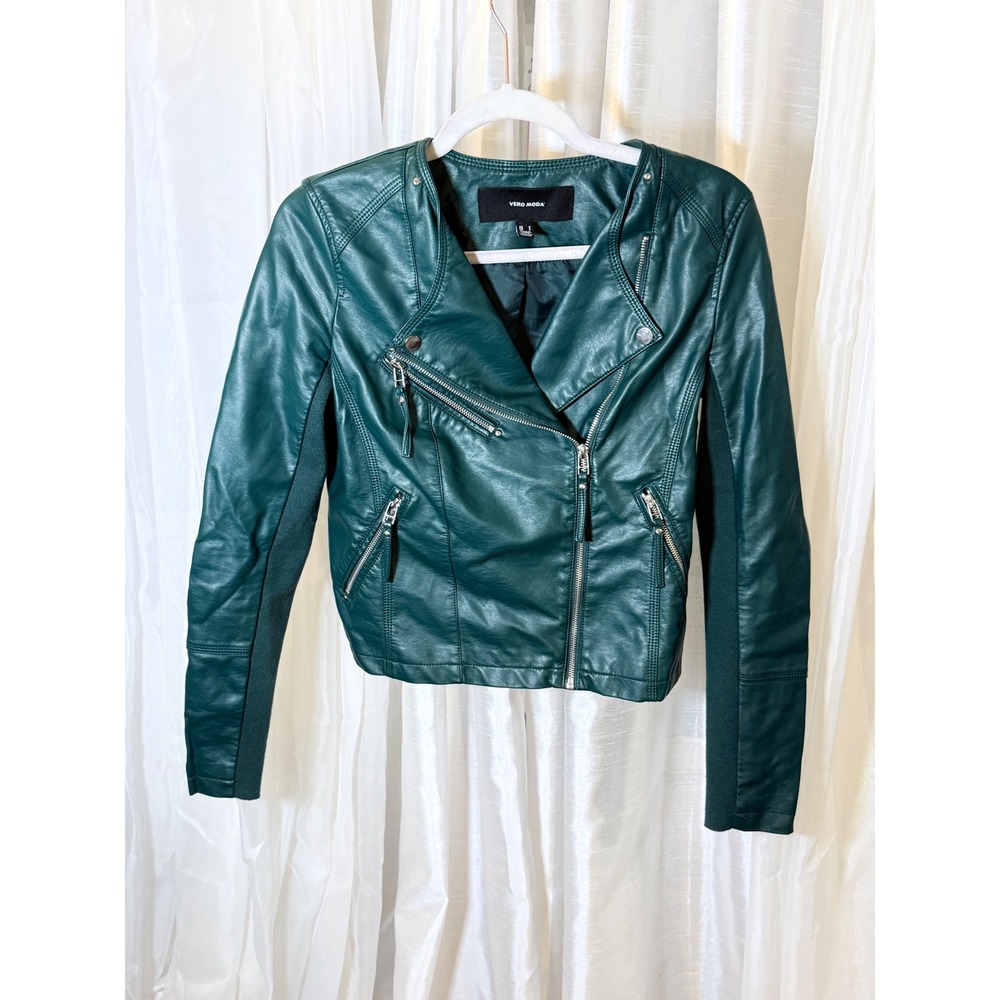 Vero Moda Faux Leather Jacket Womens Small Green Fav Short Moto Biker 10206603